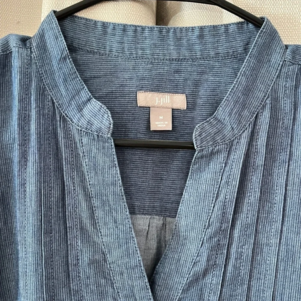 J. Jill Pintuck Tunic Womens M Blue LS Textured Stripe Casual Top Coastal Chic